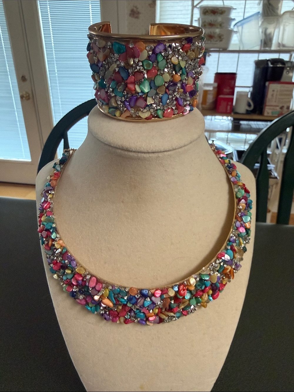 Multicolor Beaded Statement Necklace and Cuff Bracelet Set 14” Choker